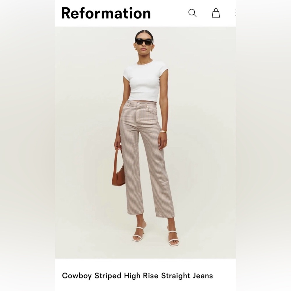 Reformation Cowboy Striped High-Rise Straight Jeans Cream & Tan Sz 24 Resortwear